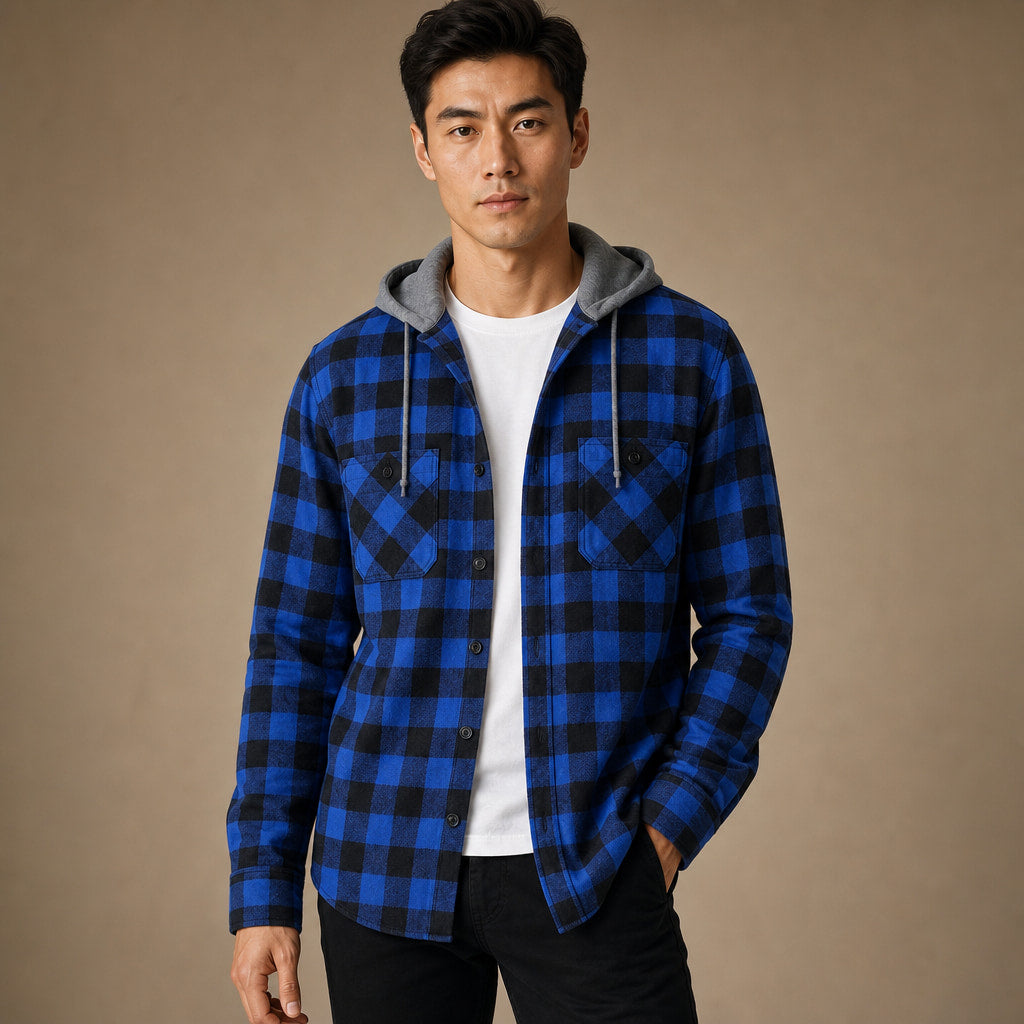 Plaid Hooded Flannel Jacket Long Sleeve Button-Down in Blue – Tarlano Premium Menswear
