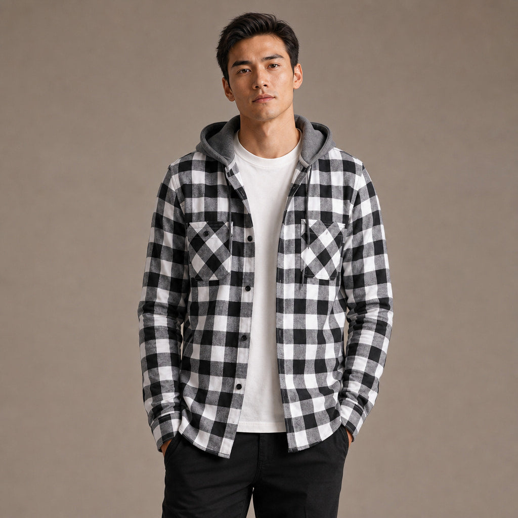 Plaid Hooded Flannel Jacket Long Sleeve Button-Down Gray – Product Photo
