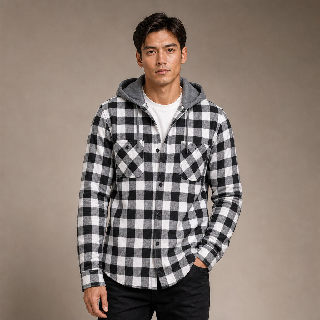 Plaid Hooded Flannel Jacket Long Sleeve Button-Down in Gray – Tarlano Premium Menswear