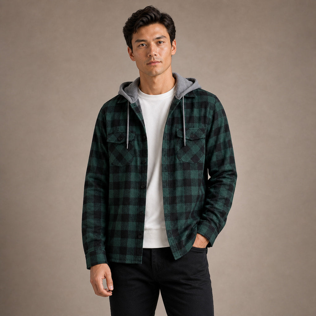 Plaid Hooded Flannel Jacket Long Sleeve Button-Down Green – Product Photo