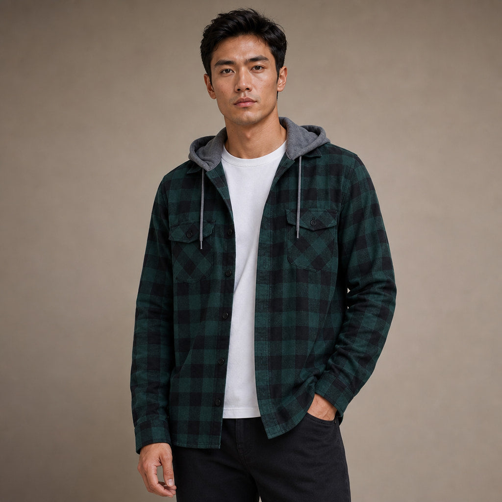 Plaid Hooded Flannel Jacket Long Sleeve Button-Down in Green – Tarlano Premium Menswear