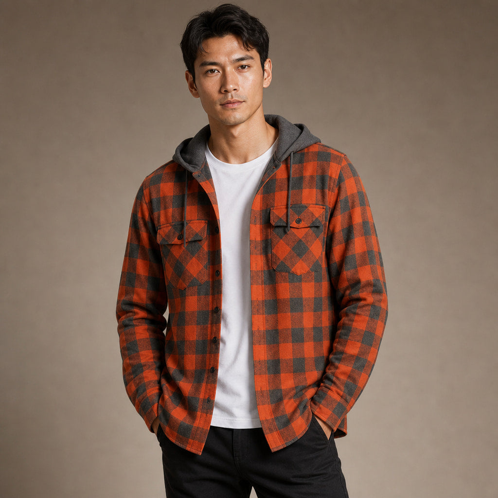 Plaid Hooded Flannel Jacket Long Sleeve Button-Down Orange – Product Photo