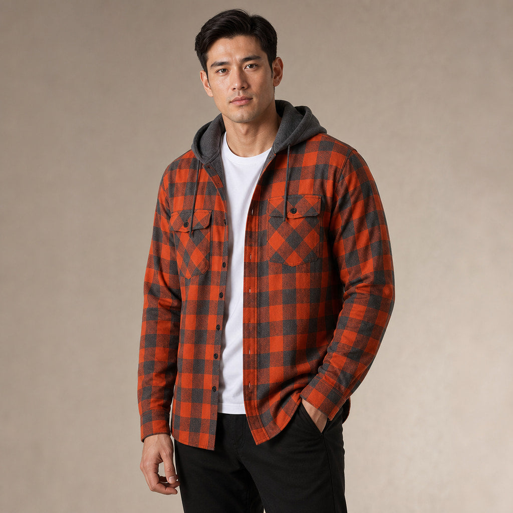 Plaid Hooded Flannel Jacket Long Sleeve Button-Down in Orange – Tarlano Premium Menswear