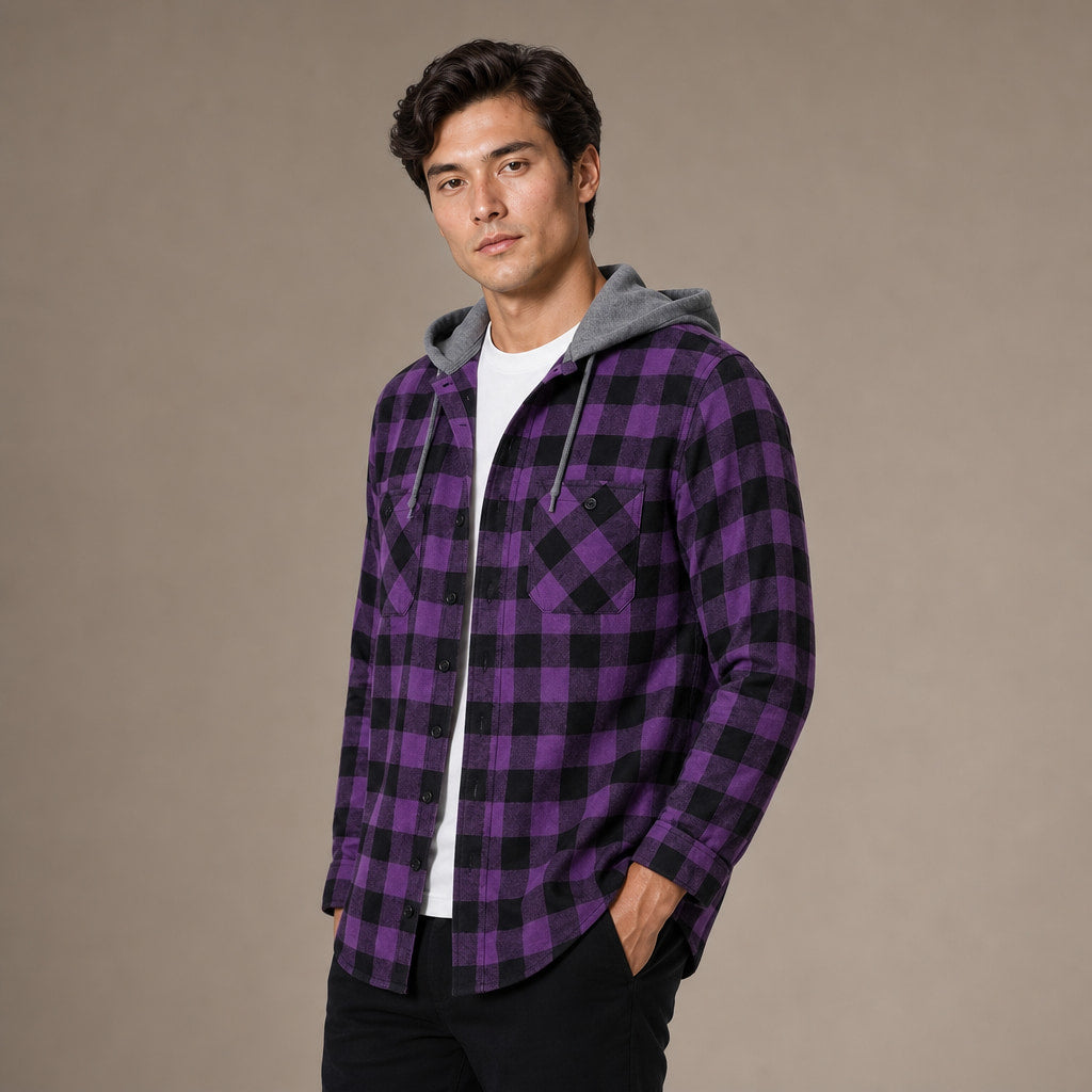 Plaid Hooded Flannel Jacket Long Sleeve Button-Down Purple – Side Angle View