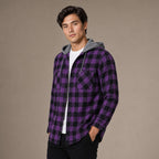 Plaid Hooded Flannel Jacket Long Sleeve Button-Down Purple – Side Angle View