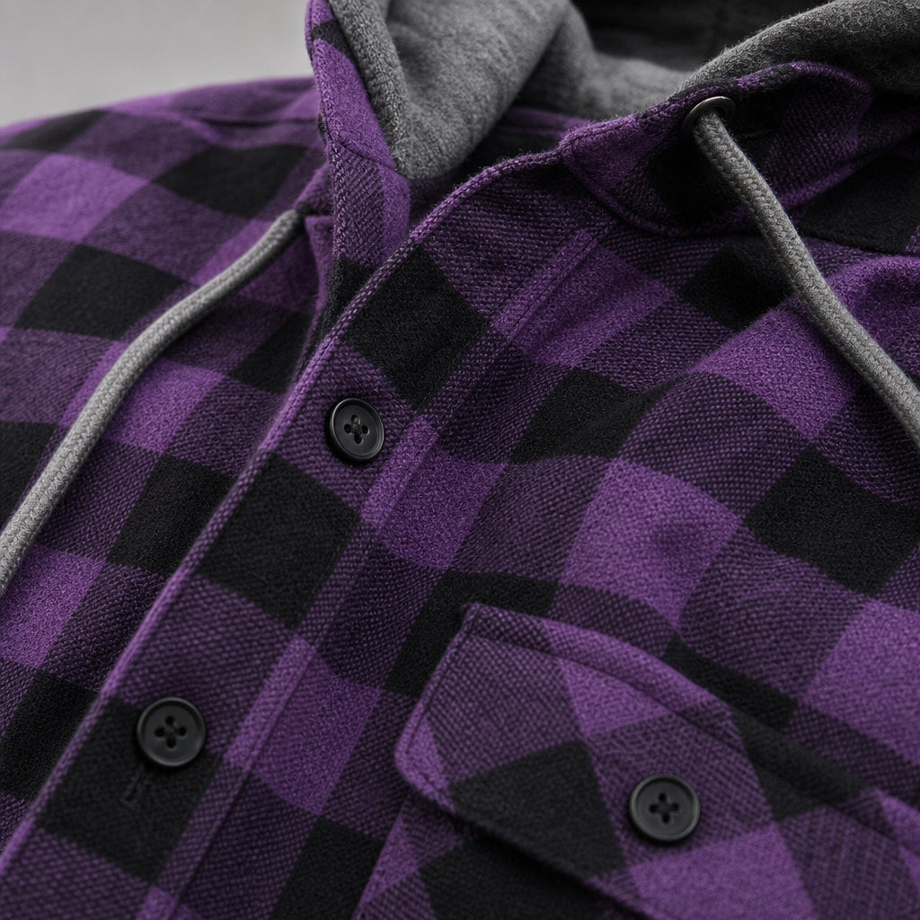 Plaid Hooded Flannel Jacket Long Sleeve Button-Down Purple – Fabric and Detail Close-Up