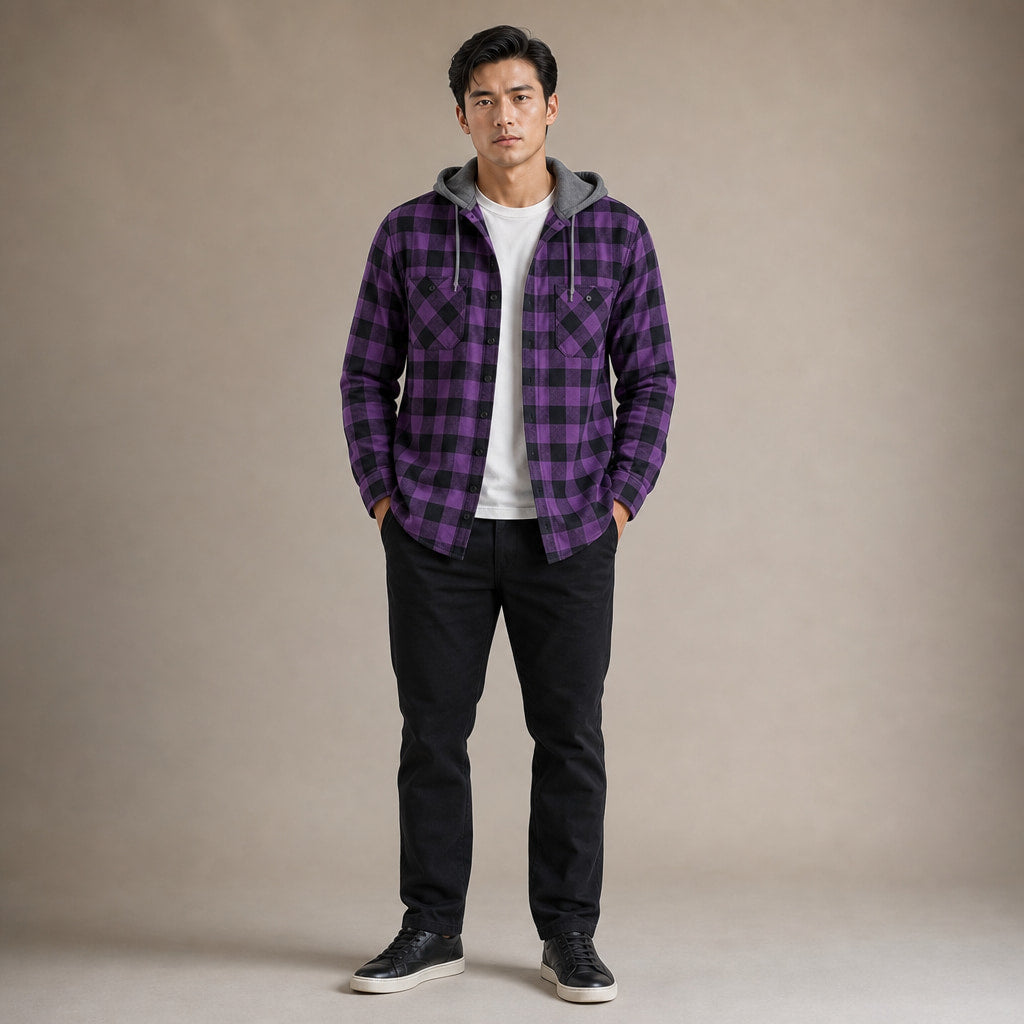Plaid Hooded Flannel Jacket Long Sleeve Button-Down Purple – Full Look