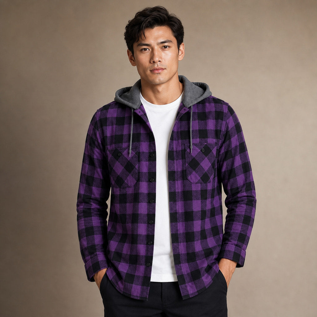 Plaid Hooded Flannel Jacket Long Sleeve Button-Down Purple – Product Photo