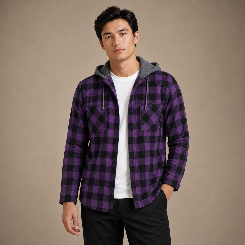 Plaid Hooded Flannel Jacket Long Sleeve Button-Down in Purple – Tarlano Premium Menswear
