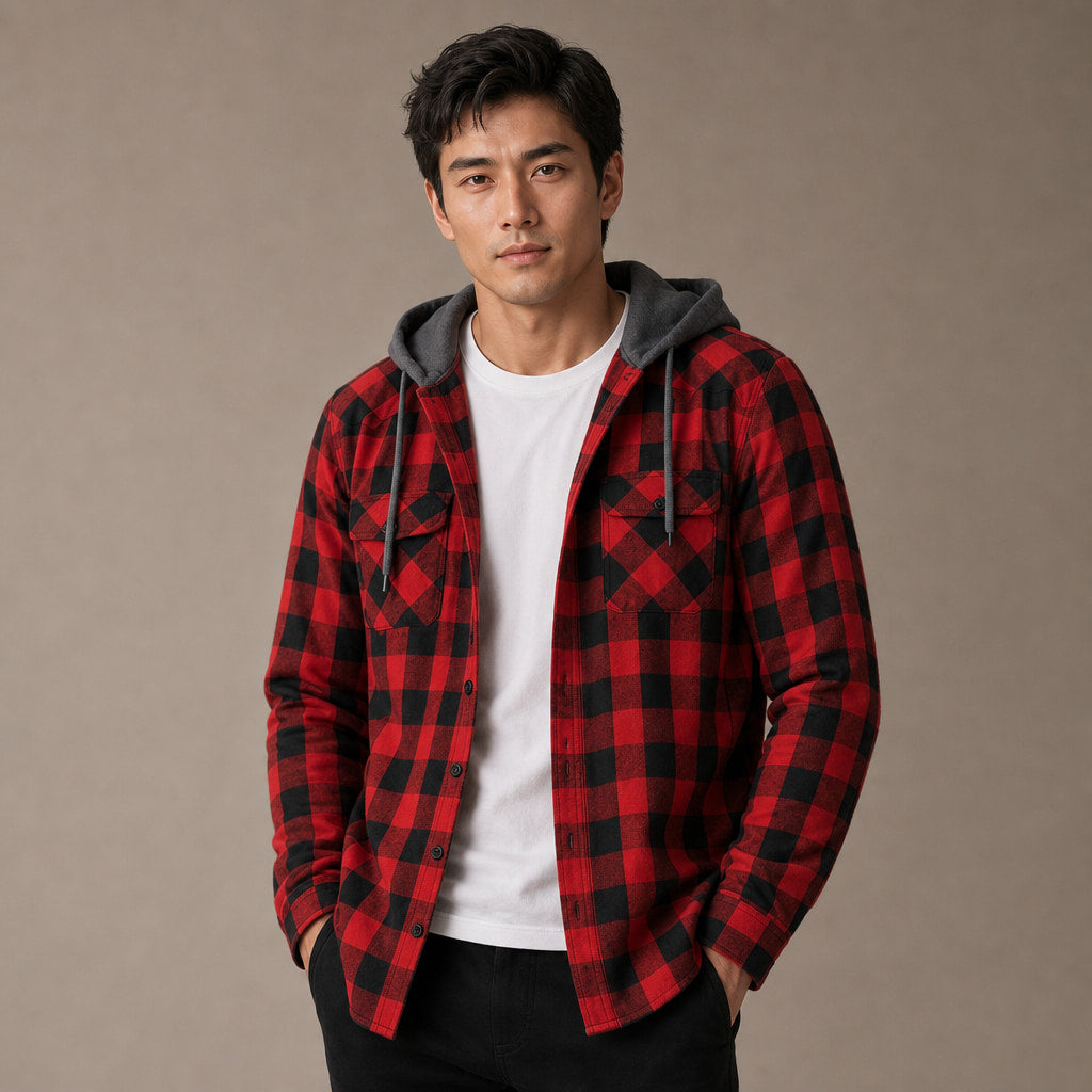 Plaid Hooded Flannel Jacket Long Sleeve Button-Down Red – Product Photo