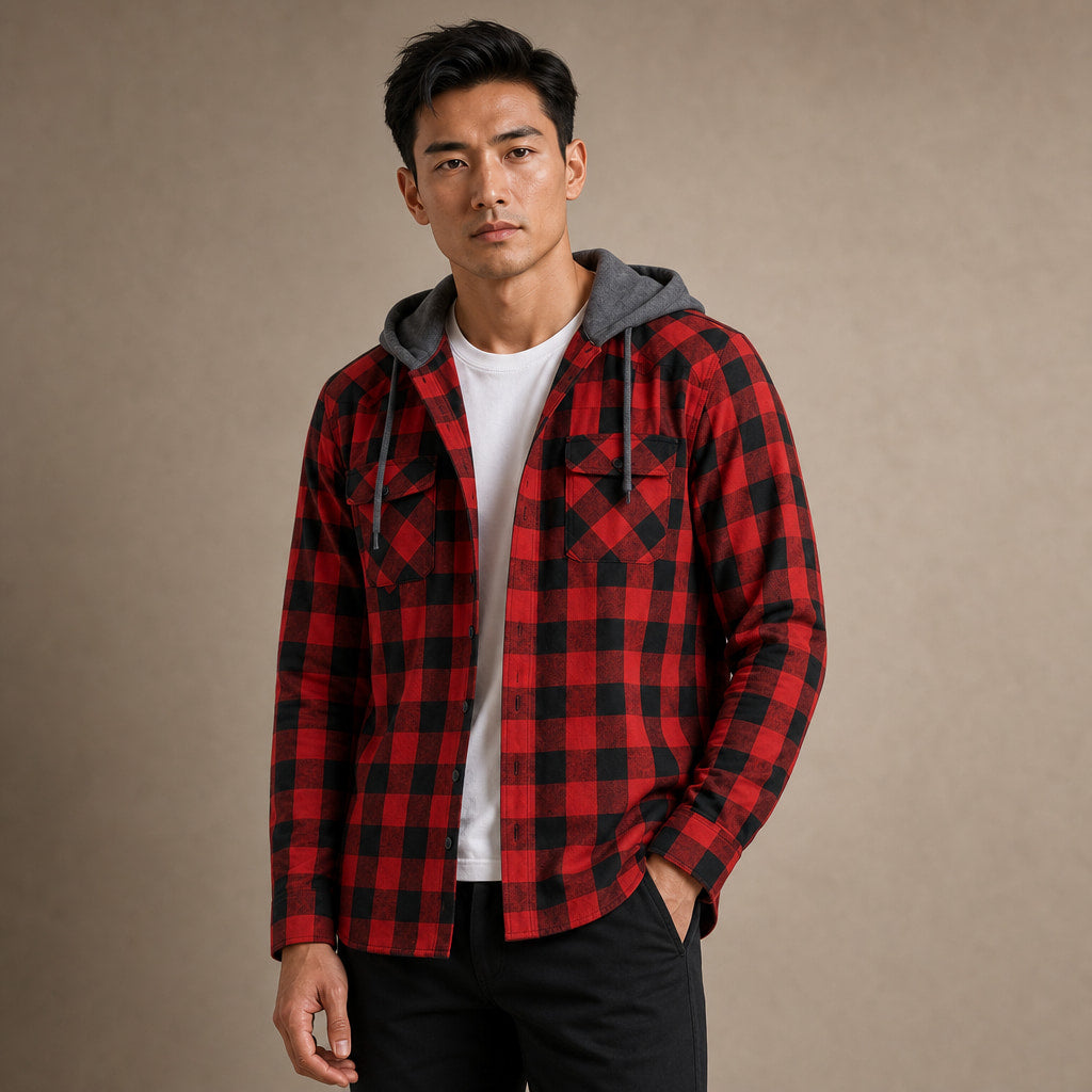 Plaid Hooded Flannel Jacket Long Sleeve Button-Down in Red – Tarlano Premium Menswear