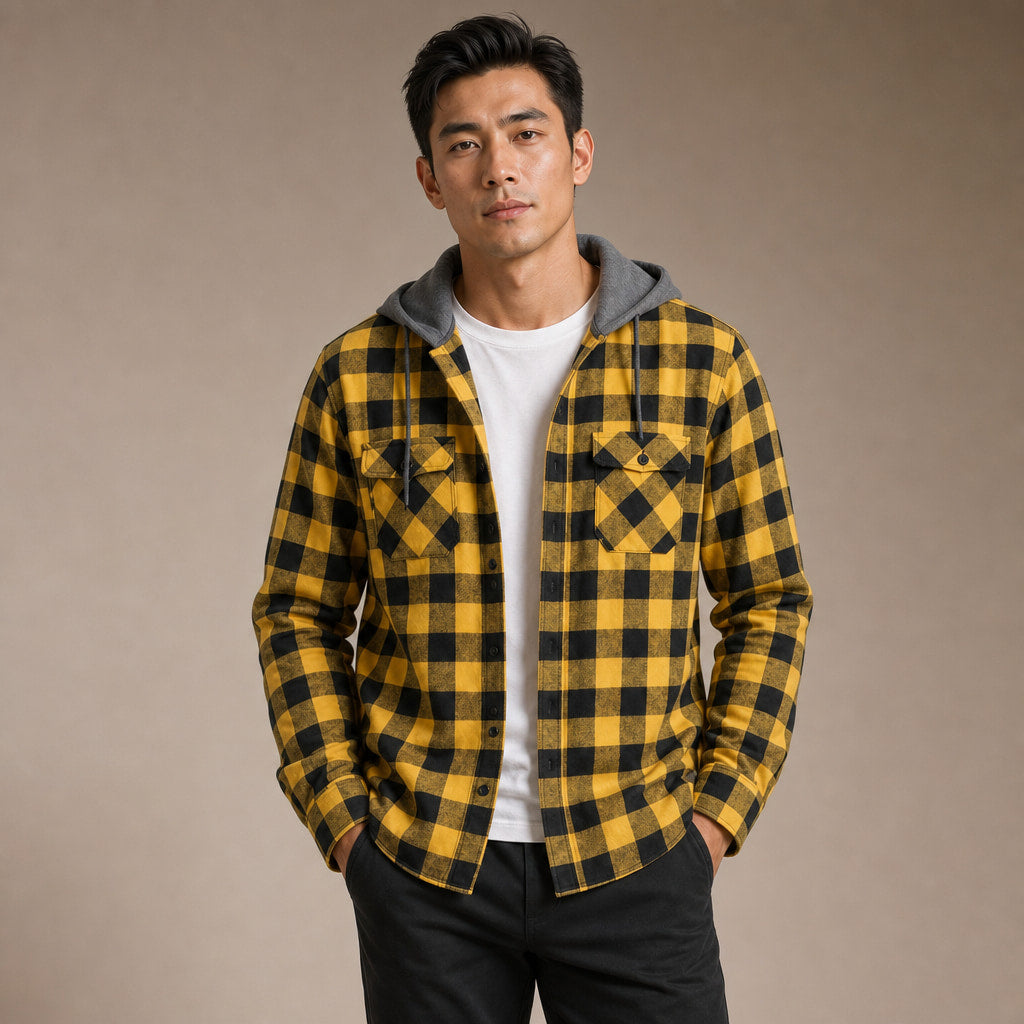 Plaid Hooded Flannel Jacket Long Sleeve Button-Down Yellow – Product Photo