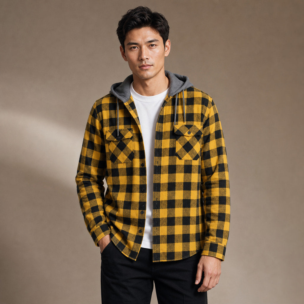 Plaid Hooded Flannel Jacket Long Sleeve Button-Down in Yellow – Tarlano Premium Menswear