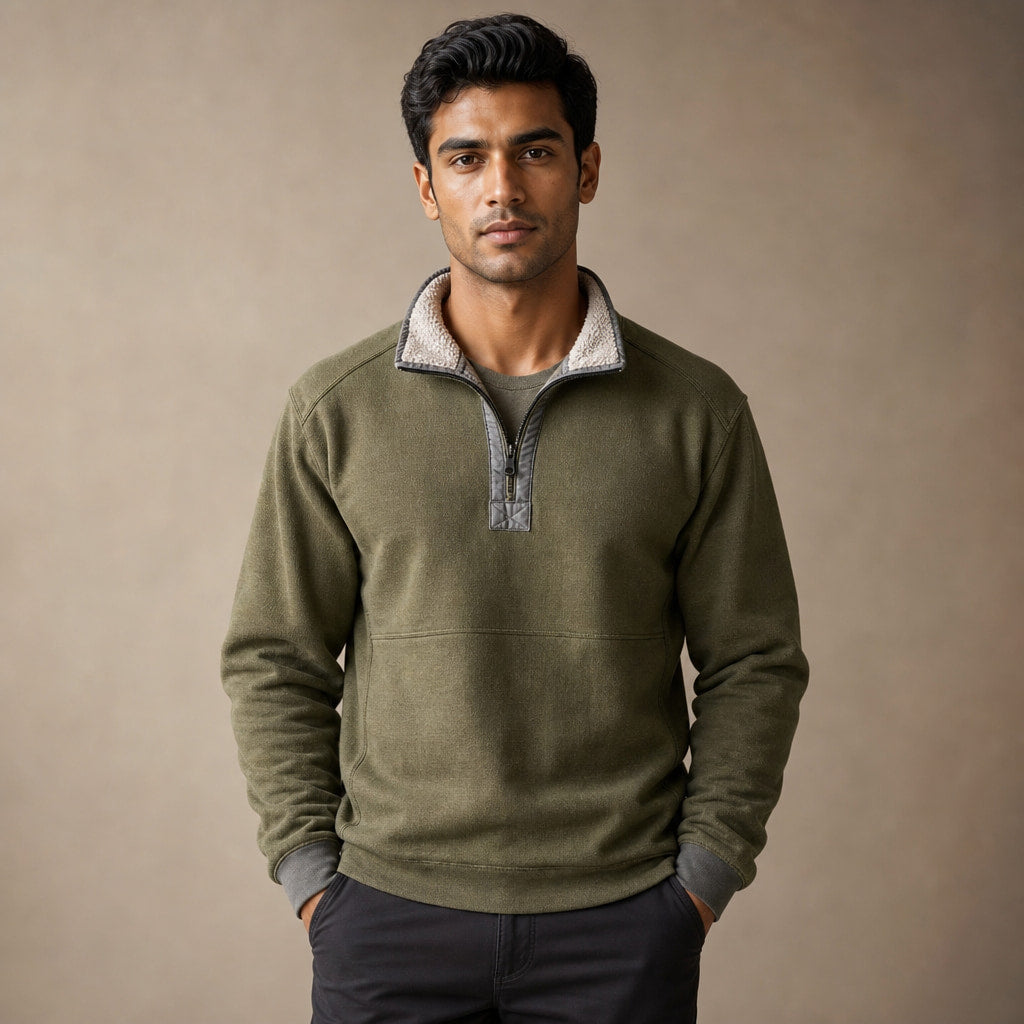 Quarter Zip Sweater Sherpa Collar Fleece in Army Green – Tarlano Premium Menswear