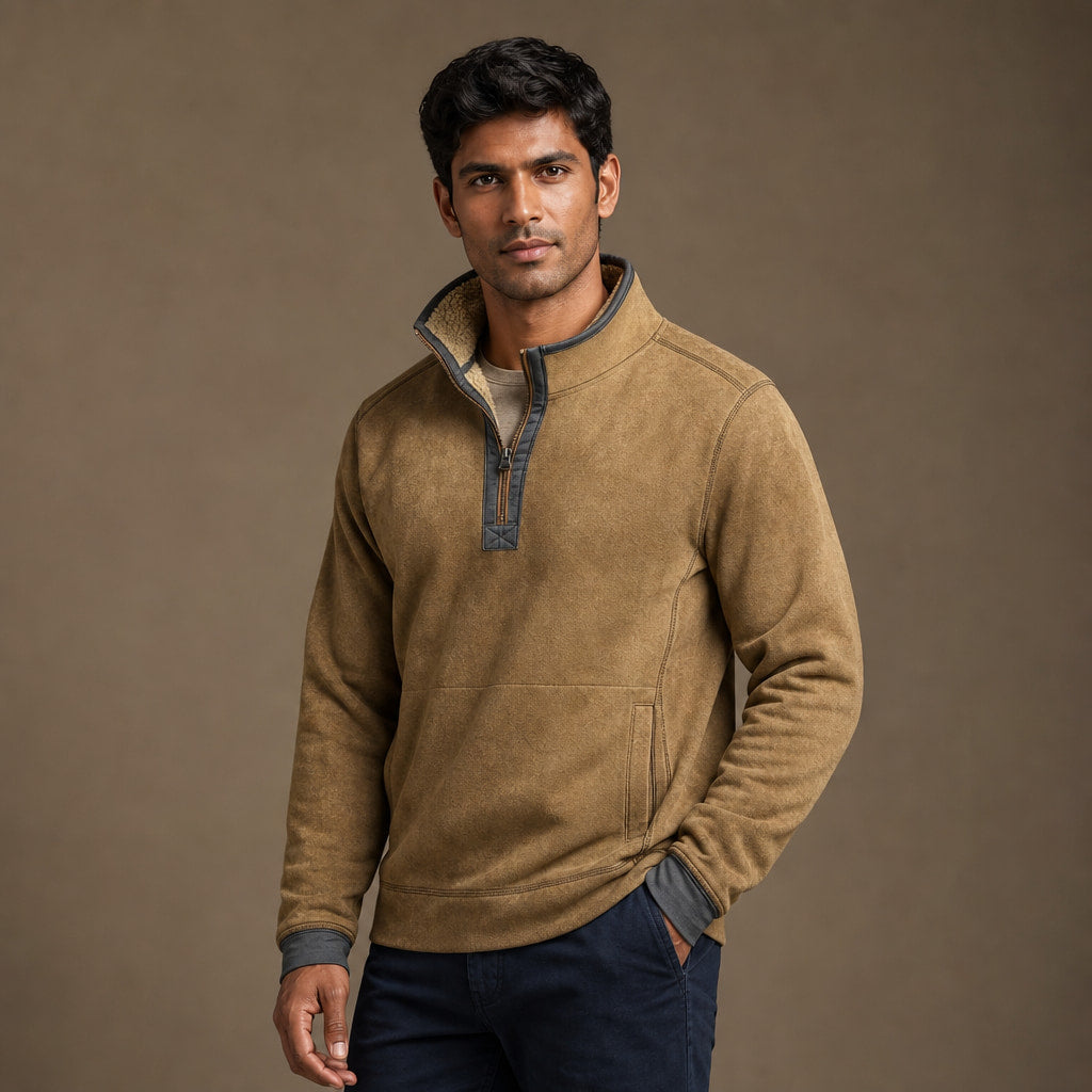 Quarter Zip Sweater Sherpa Collar Fleece Khaki – Side Angle View