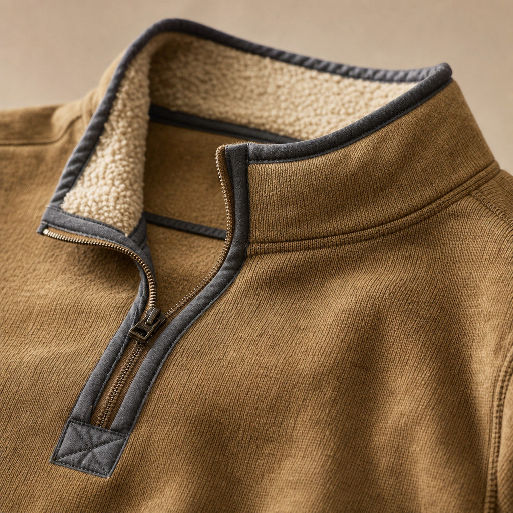 Quarter Zip Sweater Sherpa Collar Fleece Khaki – Fabric and Detail Close-Up