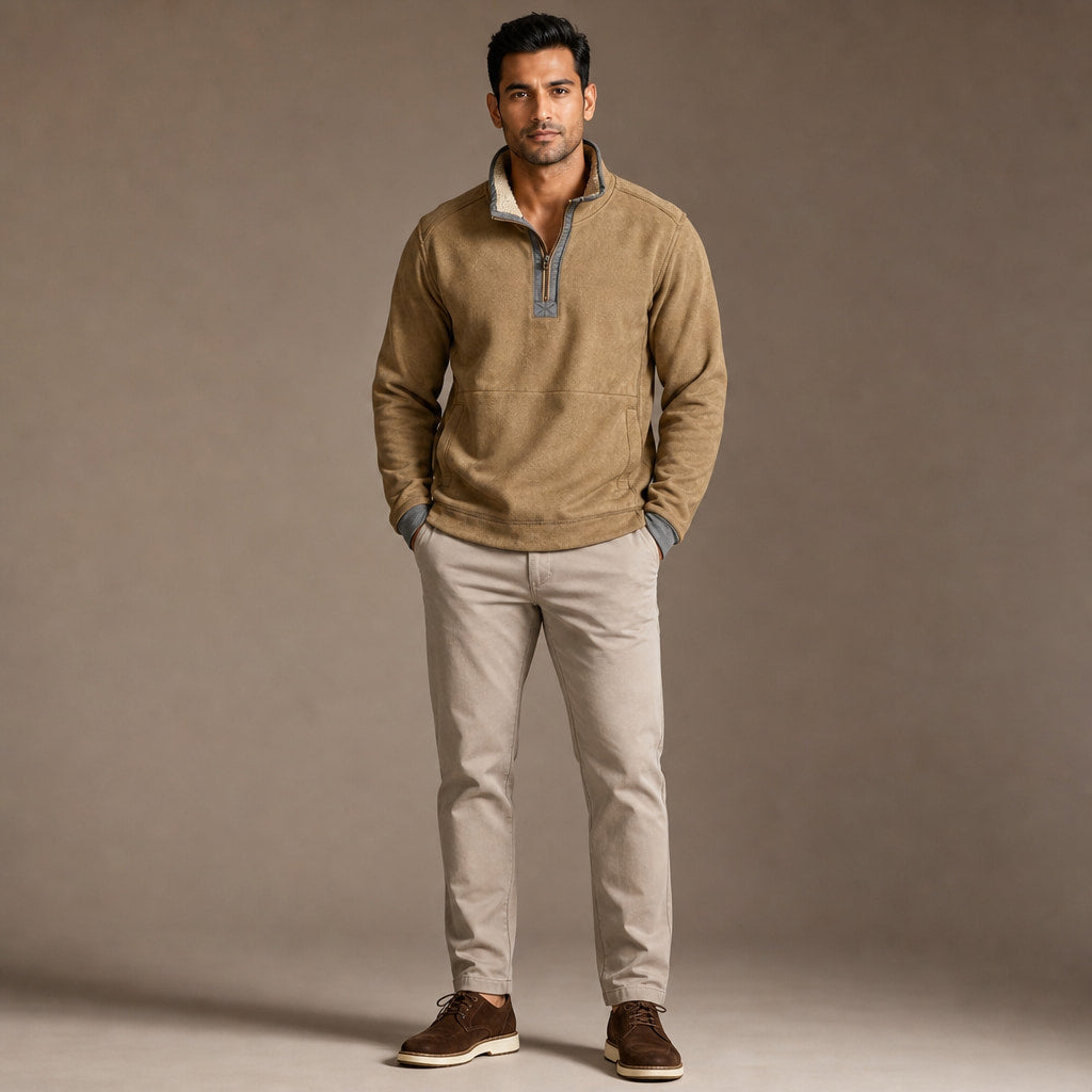 Quarter Zip Sweater Sherpa Collar Fleece Khaki – Full Look