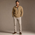 Quarter Zip Sweater Sherpa Collar Fleece Khaki – Full Look