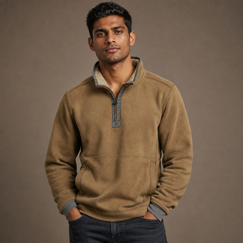 Quarter Zip Sweater Sherpa Collar Fleece in Khaki – Tarlano Premium Menswear