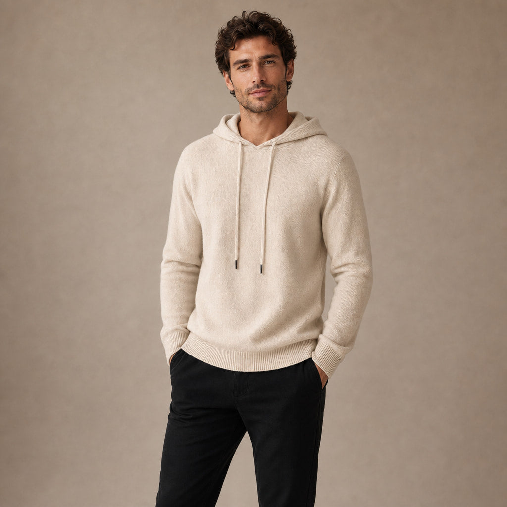 Graphic Hoodie Wool Knit Pullover Beige – Side Angle View