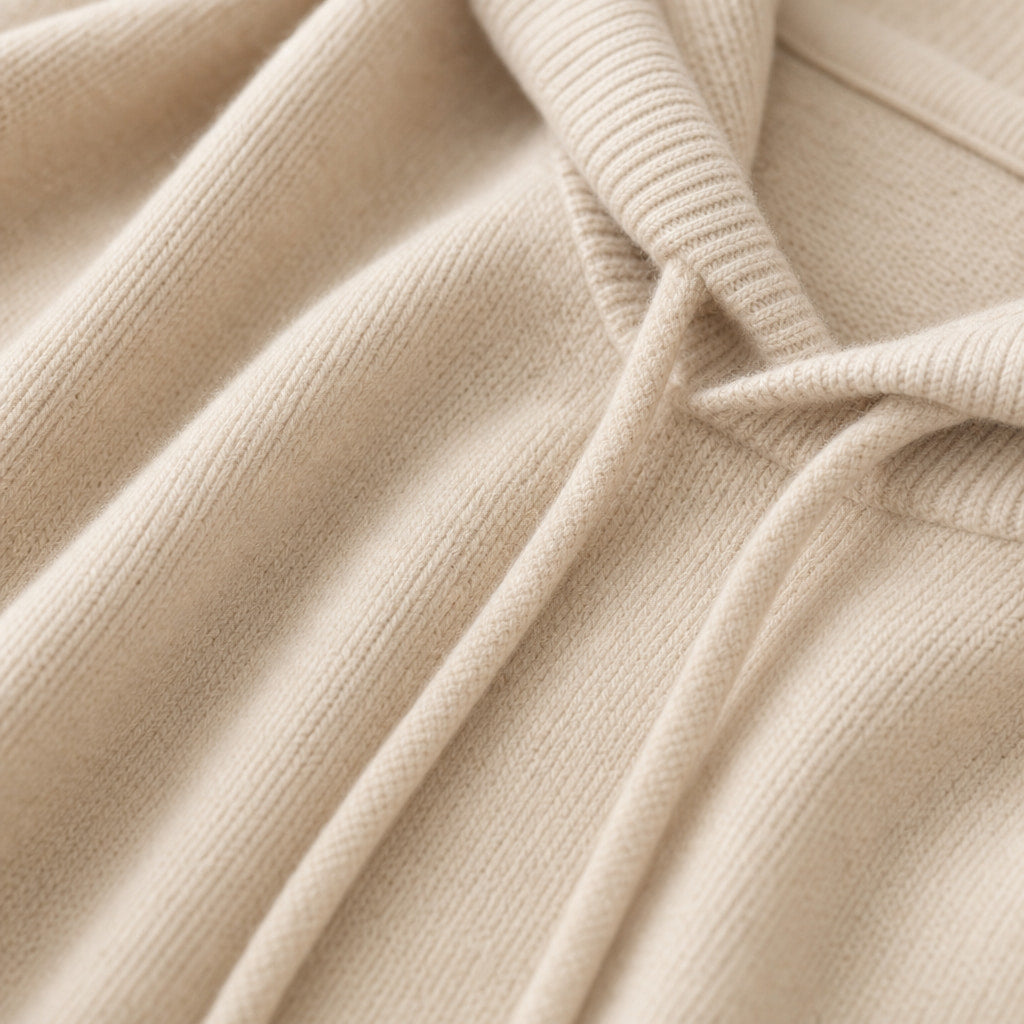 Graphic Hoodie Wool Knit Pullover Beige – Fabric and Detail Close-Up