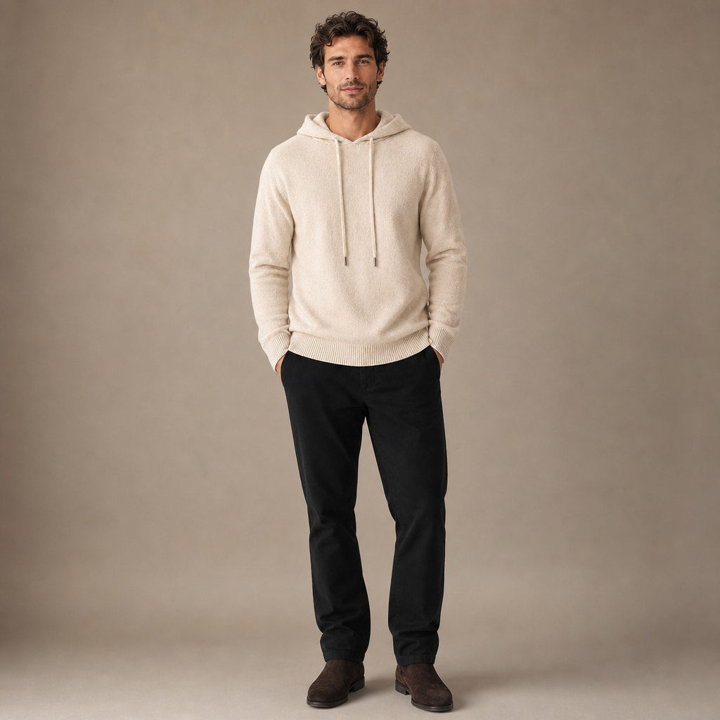 Graphic Hoodie Wool Knit Pullover Beige – Full Look