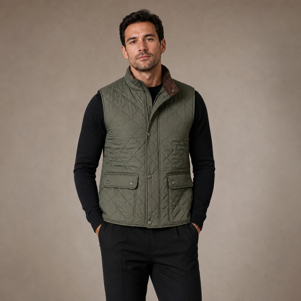 Quilted Vest Polo Collar Multi-Pocket Padded Army Green – Product Photo