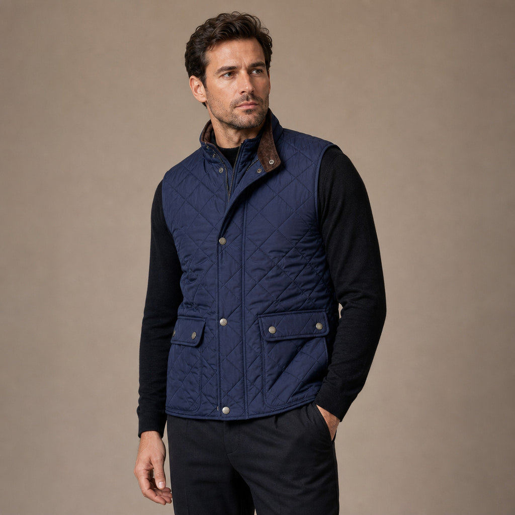 Quilted Vest Polo Collar Multi-Pocket Padded Blue – Side Angle View