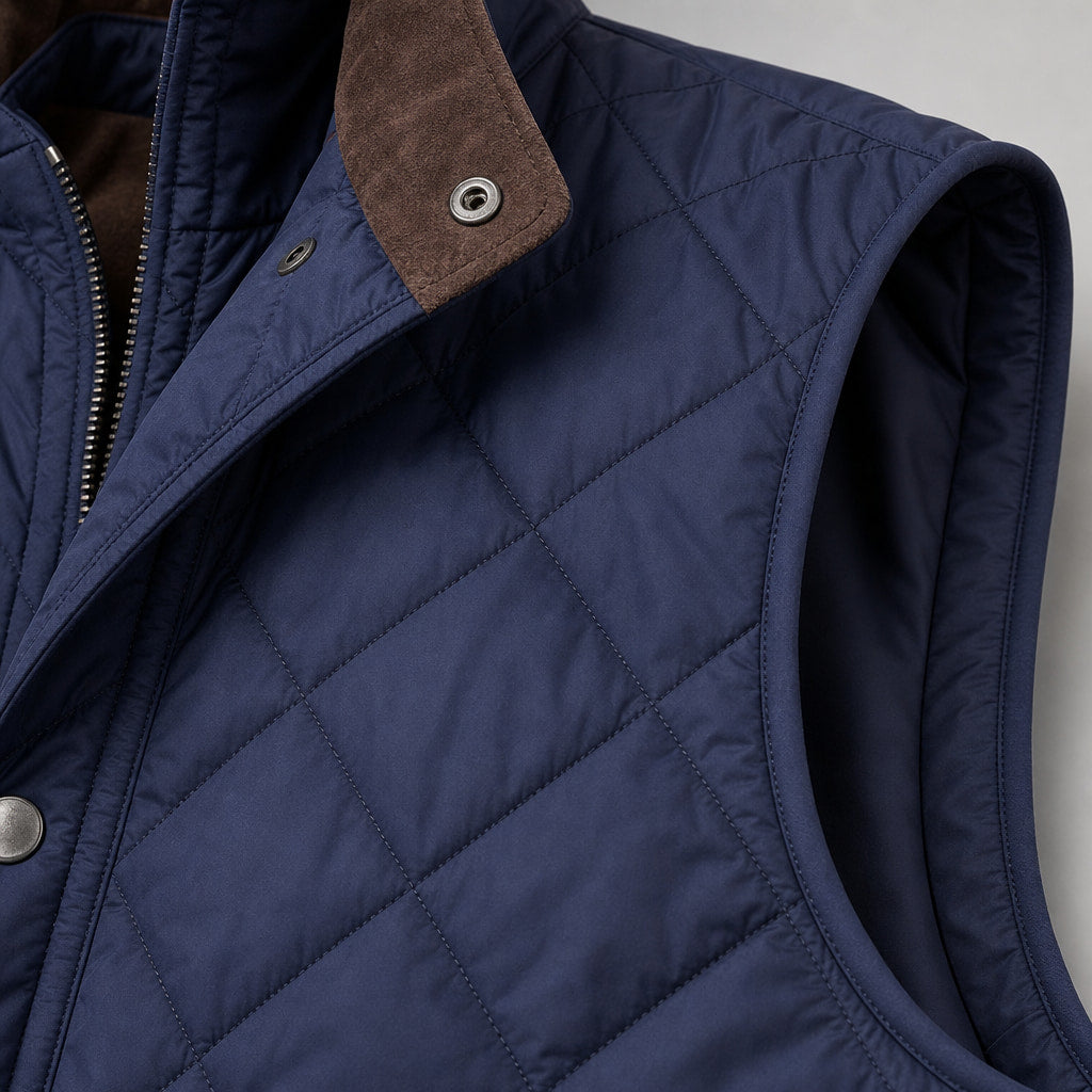 Quilted Vest Polo Collar Multi-Pocket Padded Blue – Fabric and Detail Close-Up