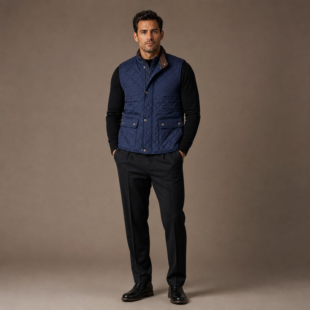 Quilted Vest Polo Collar Multi-Pocket Padded Blue – Full Look