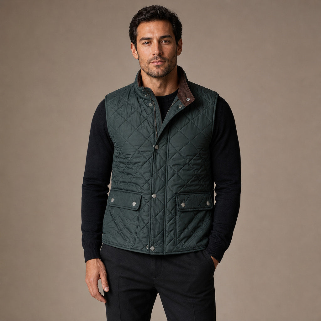 Quilted Vest Polo Collar Multi-Pocket Padded Green – Product Photo