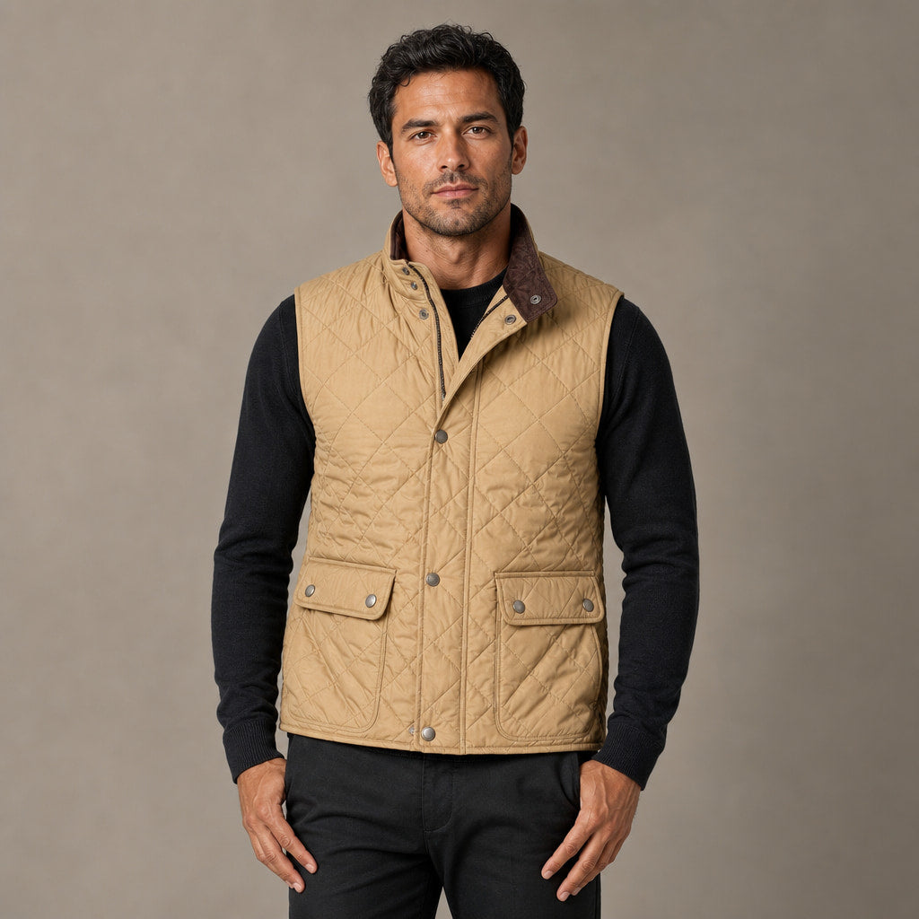 Quilted Vest Polo Collar Multi-Pocket Padded Khaki – Product Photo