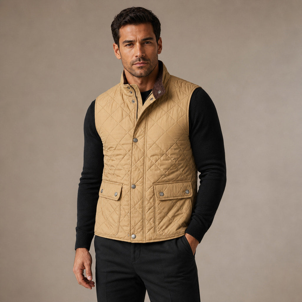 Quilted Vest Polo Collar Multi-Pocket Padded in Khaki – Tarlano Premium Menswear