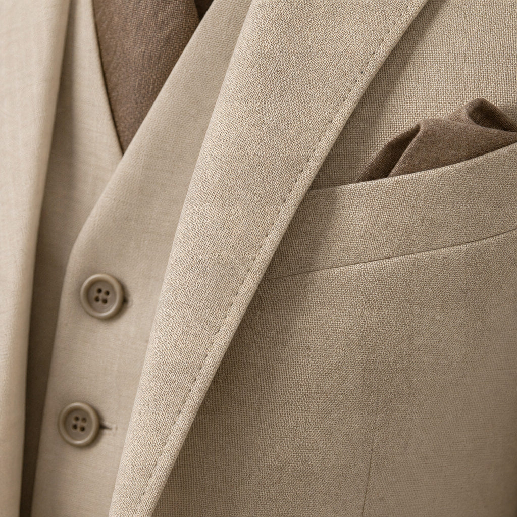 Three Piece Suit Slim Fit Formal Beige – Fabric and Detail Close-Up
