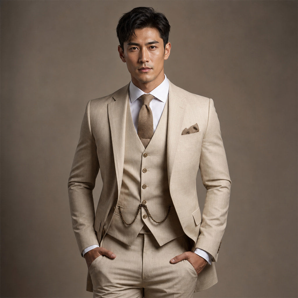 Three Piece Suit Slim Fit Formal Beige – Full Look