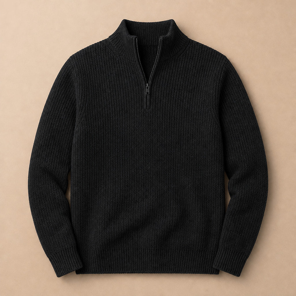 Quarter Zip Sweater Ribbed Knit Black – Product Photo