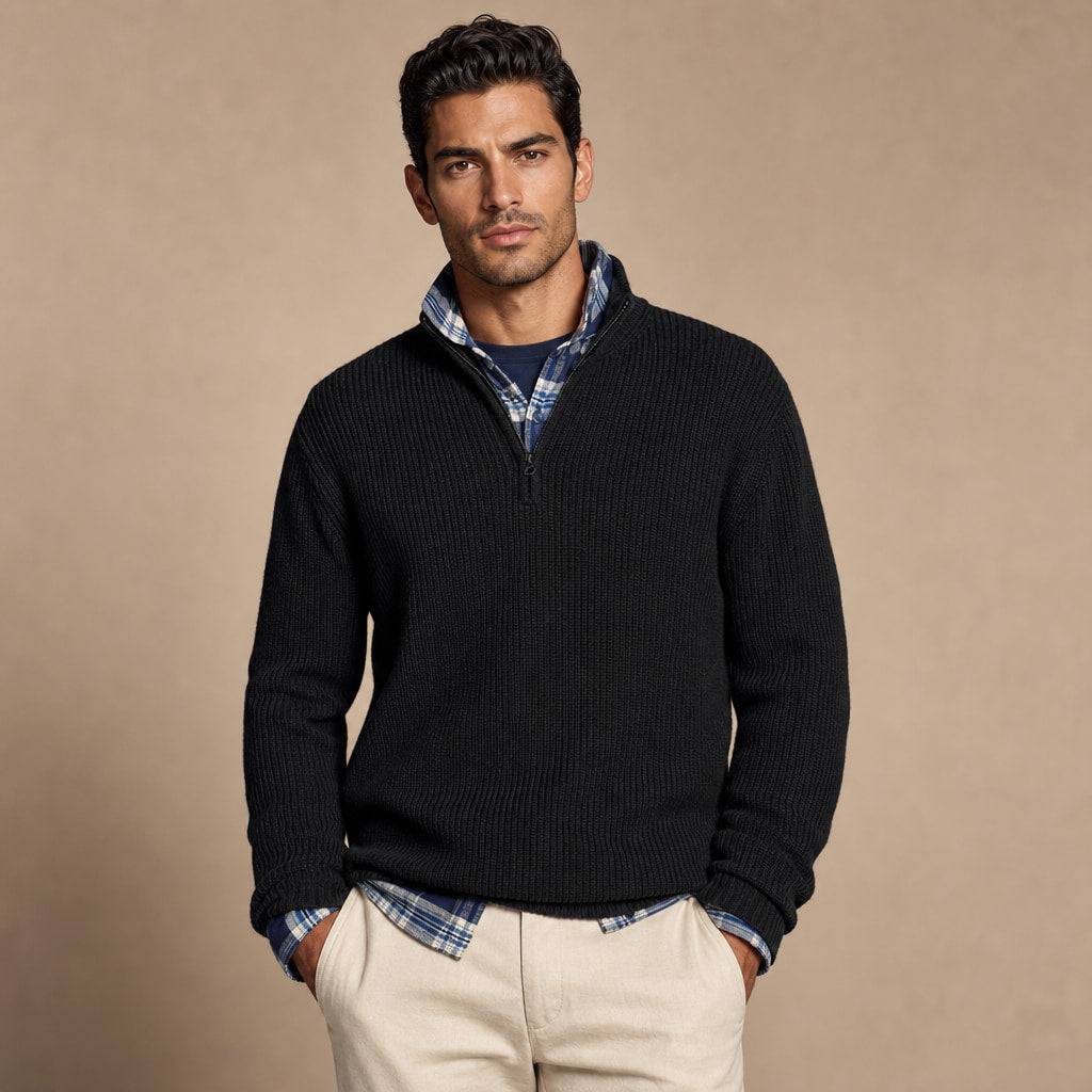Quarter Zip Sweater Ribbed Knit in Black – Tarlano Premium Menswear