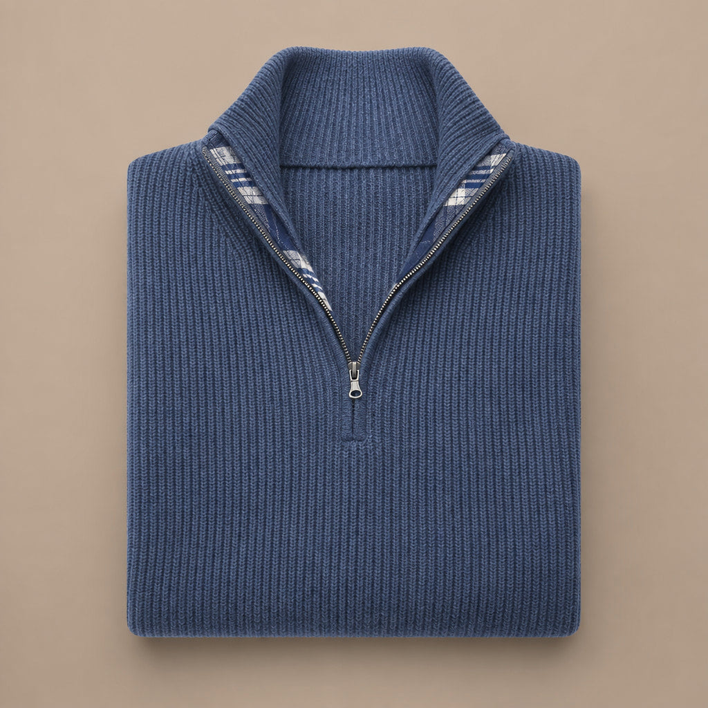 Quarter Zip Sweater Ribbed Knit Blue – Product Photo