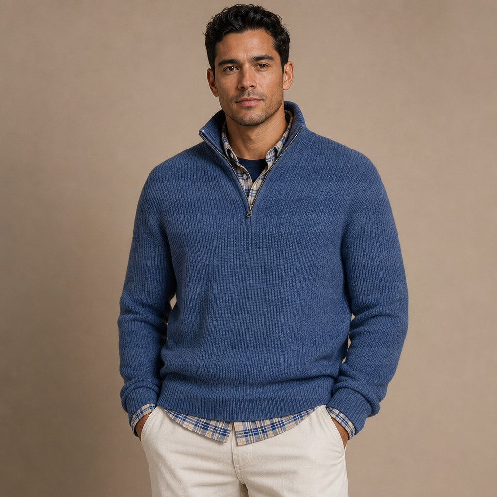 Quarter Zip Sweater Ribbed Knit in Blue – Tarlano Premium Menswear