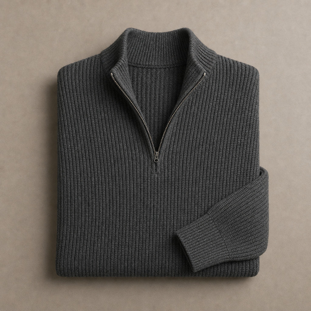 Quarter Zip Sweater Ribbed Knit Dark Grey – Product Photo