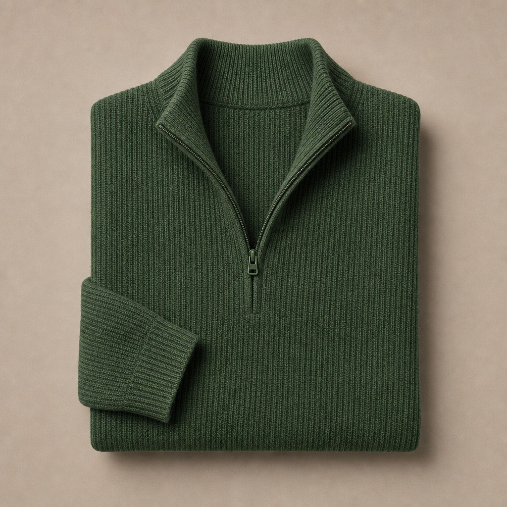 Quarter Zip Sweater Ribbed Knit Green – Product Photo