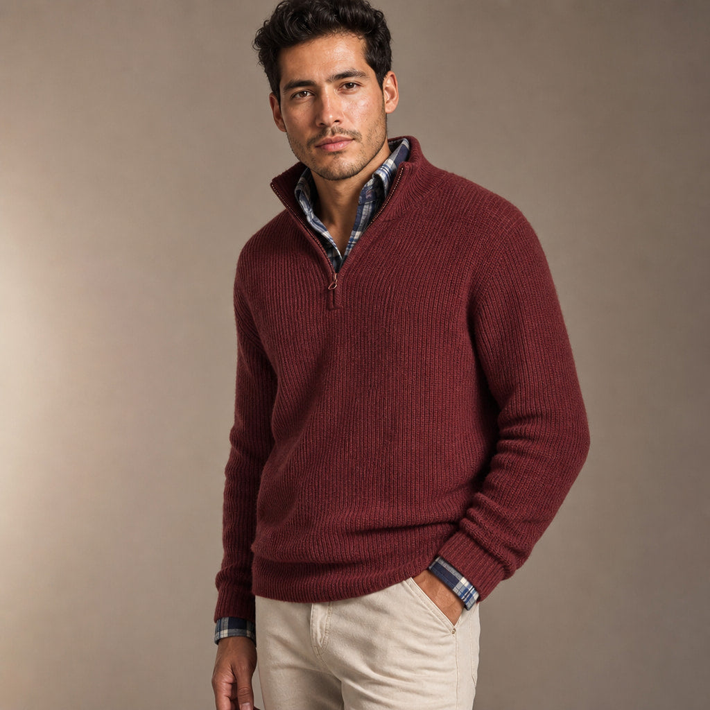 Quarter Zip Sweater Ribbed Knit Wine Red – Side Angle View