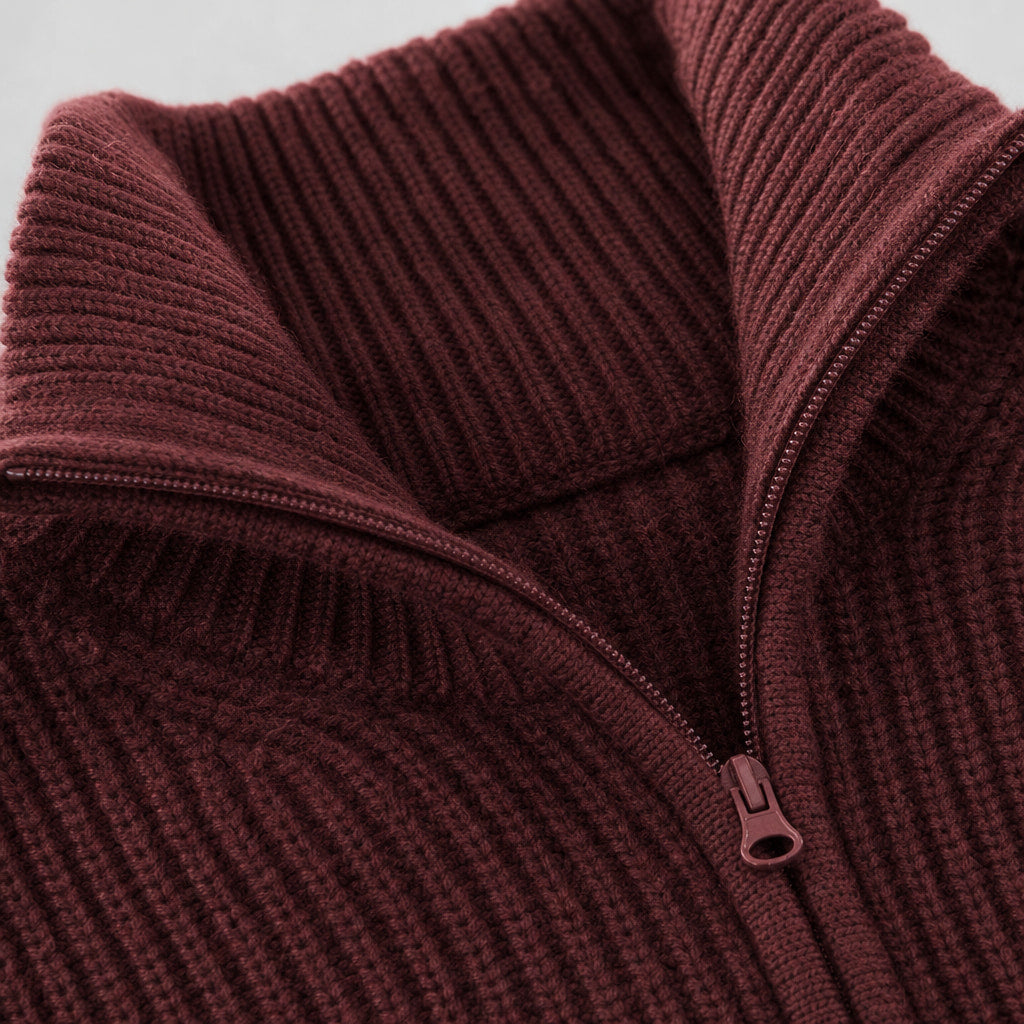 Quarter Zip Sweater Ribbed Knit Wine Red – Fabric and Detail Close-Up