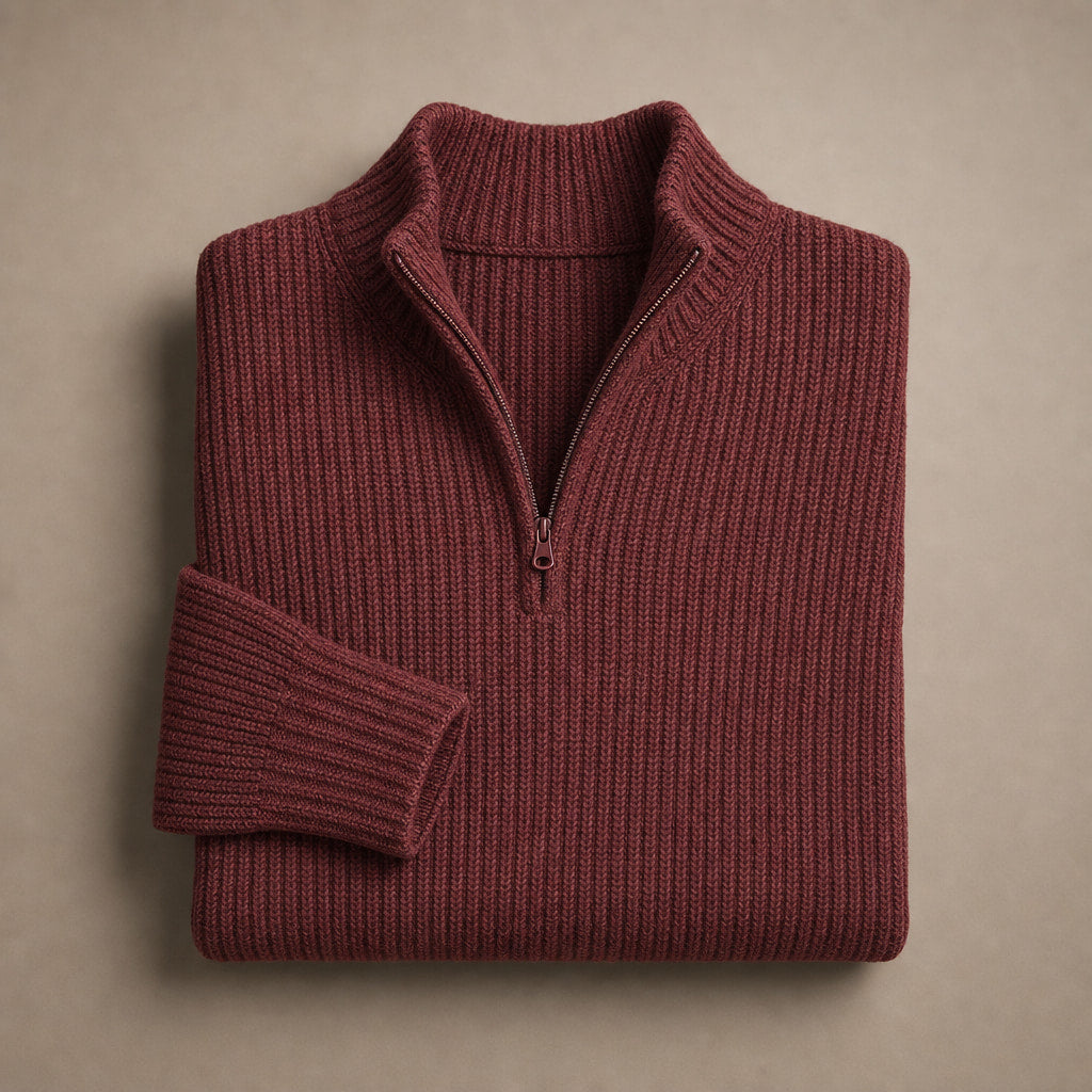 Quarter Zip Sweater Ribbed Knit Wine Red – Product Photo