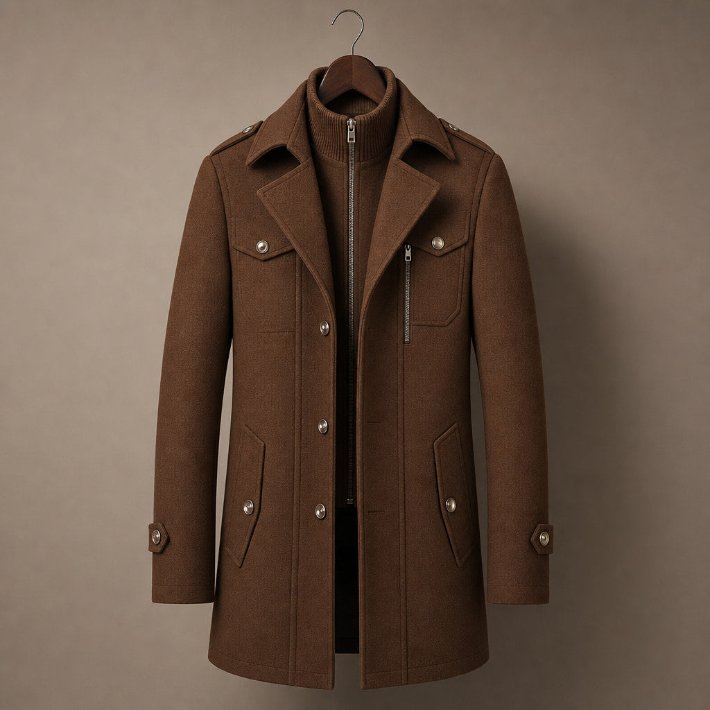 Long Wool Coat Structured Collar Cocoa Brown – Product Photo