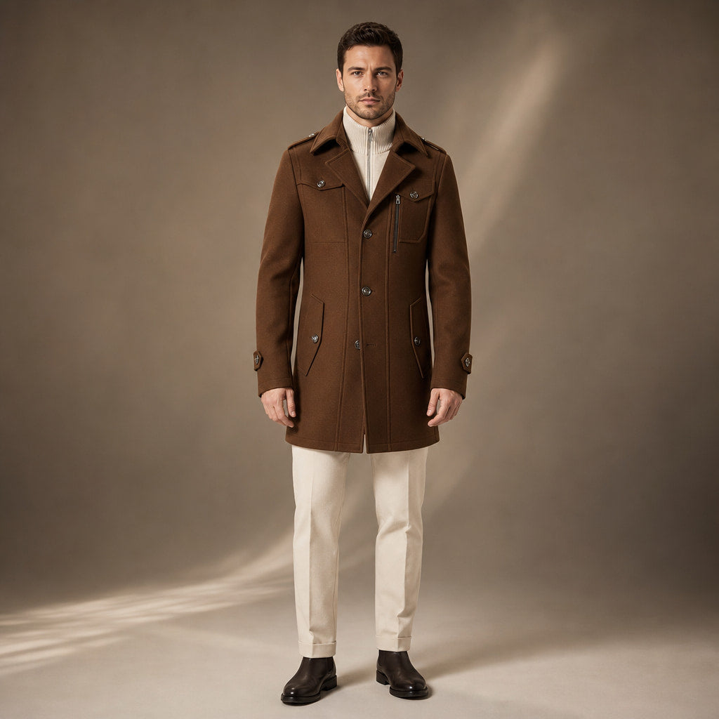 Long Wool Coat Structured Collar in Cocoa Brown – Tarlano Premium Menswear
