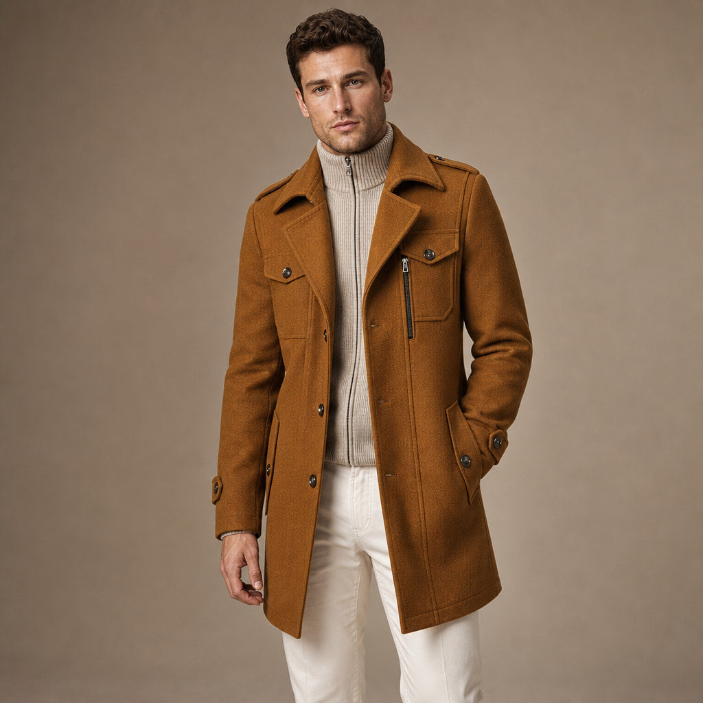 Long Wool Coat Structured Collar Cognac Brown – Side Angle View