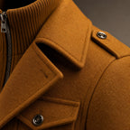 Long Wool Coat Structured Collar Cognac Brown – Fabric and Detail Close-Up