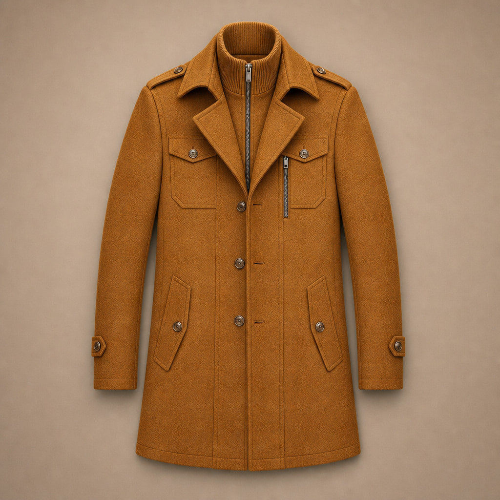 Long Wool Coat Structured Collar Cognac Brown – Flat Lay Product Photo