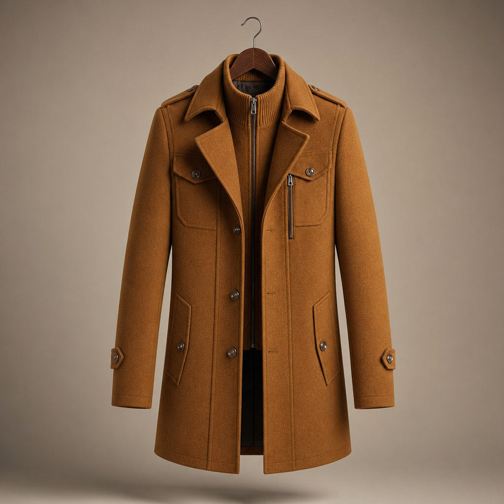 Long Wool Coat Structured Collar Cognac Brown – Product Photo